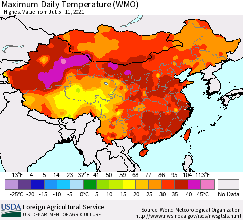 China, Mongolia and Taiwan Maximum Daily Temperature (WMO) Thematic Map For 7/5/2021 - 7/11/2021
