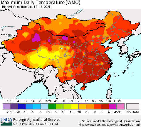 China, Mongolia and Taiwan Maximum Daily Temperature (WMO) Thematic Map For 7/12/2021 - 7/18/2021