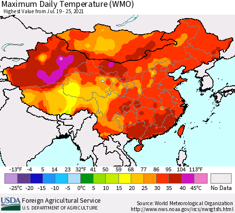 China, Mongolia and Taiwan Maximum Daily Temperature (WMO) Thematic Map For 7/19/2021 - 7/25/2021