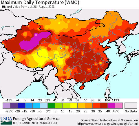 China, Mongolia and Taiwan Maximum Daily Temperature (WMO) Thematic Map For 7/26/2021 - 8/1/2021