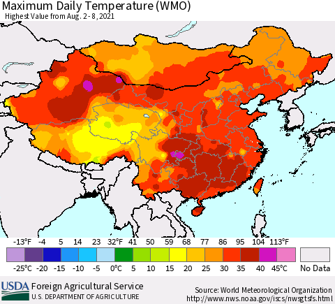 China, Mongolia and Taiwan Maximum Daily Temperature (WMO) Thematic Map For 8/2/2021 - 8/8/2021