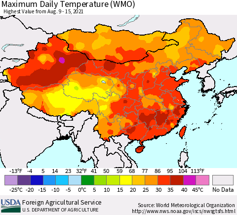 China, Mongolia and Taiwan Maximum Daily Temperature (WMO) Thematic Map For 8/9/2021 - 8/15/2021