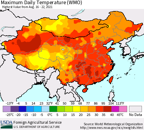 China, Mongolia and Taiwan Maximum Daily Temperature (WMO) Thematic Map For 8/16/2021 - 8/22/2021