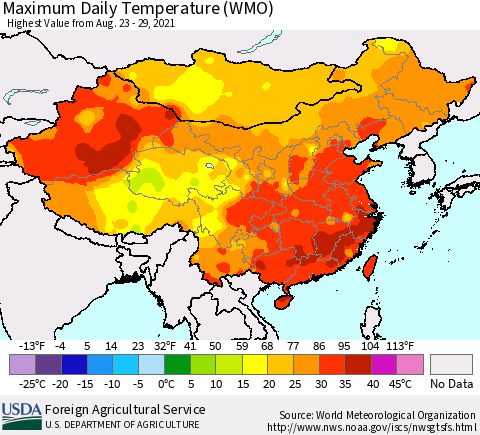 China, Mongolia and Taiwan Maximum Daily Temperature (WMO) Thematic Map For 8/23/2021 - 8/29/2021