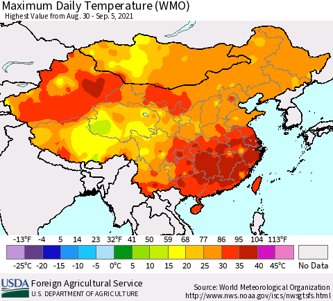 China, Mongolia and Taiwan Maximum Daily Temperature (WMO) Thematic Map For 8/30/2021 - 9/5/2021