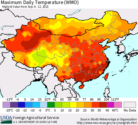 China, Mongolia and Taiwan Maximum Daily Temperature (WMO) Thematic Map For 9/6/2021 - 9/12/2021