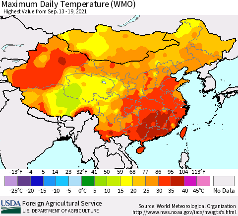 China, Mongolia and Taiwan Maximum Daily Temperature (WMO) Thematic Map For 9/13/2021 - 9/19/2021