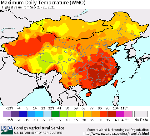 China, Mongolia and Taiwan Maximum Daily Temperature (WMO) Thematic Map For 9/20/2021 - 9/26/2021