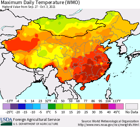 China, Mongolia and Taiwan Maximum Daily Temperature (WMO) Thematic Map For 9/27/2021 - 10/3/2021
