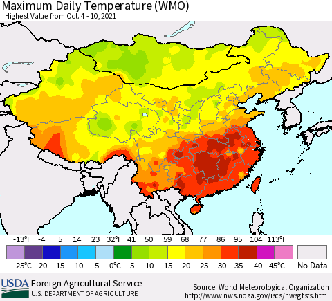China, Mongolia and Taiwan Maximum Daily Temperature (WMO) Thematic Map For 10/4/2021 - 10/10/2021