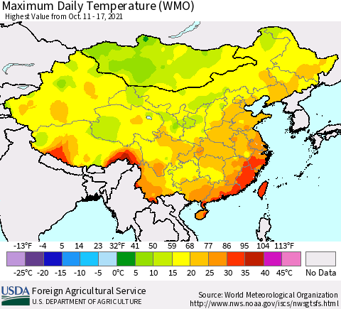 China, Mongolia and Taiwan Maximum Daily Temperature (WMO) Thematic Map For 10/11/2021 - 10/17/2021