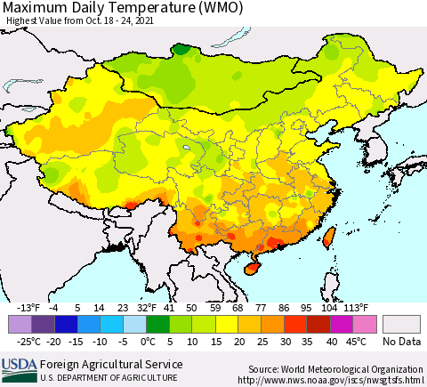 China, Mongolia and Taiwan Maximum Daily Temperature (WMO) Thematic Map For 10/18/2021 - 10/24/2021