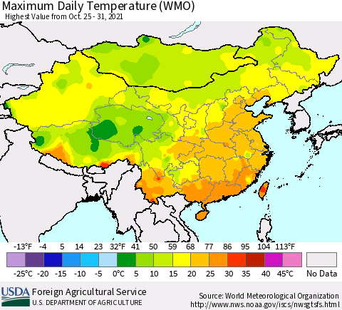 China, Mongolia and Taiwan Maximum Daily Temperature (WMO) Thematic Map For 10/25/2021 - 10/31/2021