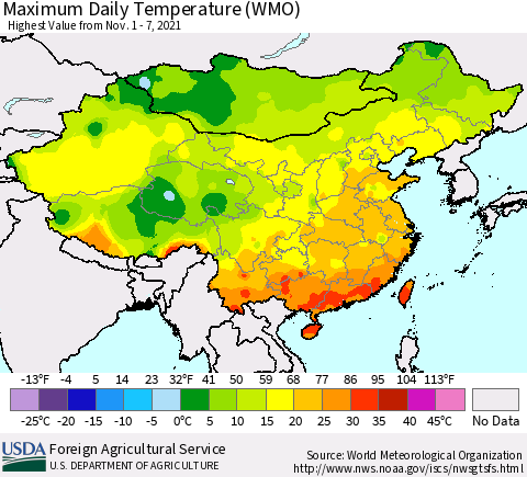 China, Mongolia and Taiwan Maximum Daily Temperature (WMO) Thematic Map For 11/1/2021 - 11/7/2021