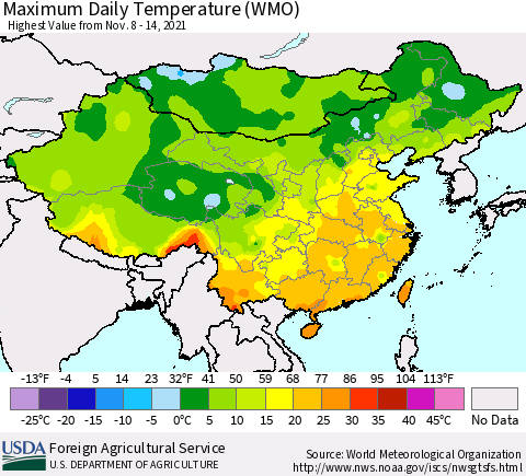 China, Mongolia and Taiwan Maximum Daily Temperature (WMO) Thematic Map For 11/8/2021 - 11/14/2021