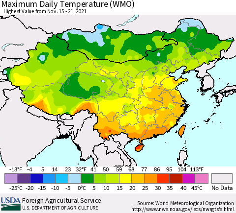 China, Mongolia and Taiwan Maximum Daily Temperature (WMO) Thematic Map For 11/15/2021 - 11/21/2021