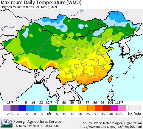 China, Mongolia and Taiwan Maximum Daily Temperature (WMO) Thematic Map For 11/29/2021 - 12/5/2021