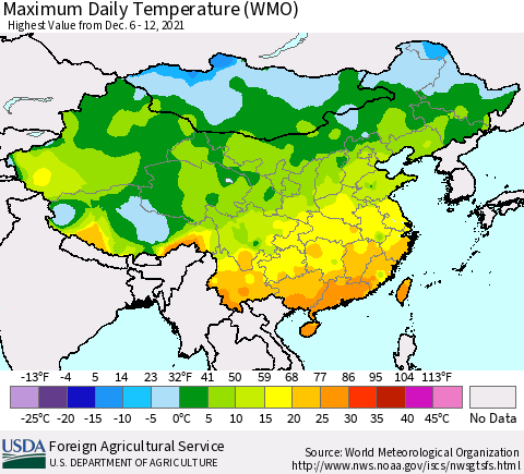 China, Mongolia and Taiwan Maximum Daily Temperature (WMO) Thematic Map For 12/6/2021 - 12/12/2021