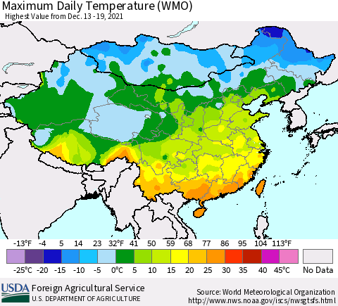 China, Mongolia and Taiwan Maximum Daily Temperature (WMO) Thematic Map For 12/13/2021 - 12/19/2021