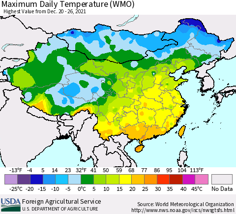 China, Mongolia and Taiwan Maximum Daily Temperature (WMO) Thematic Map For 12/20/2021 - 12/26/2021
