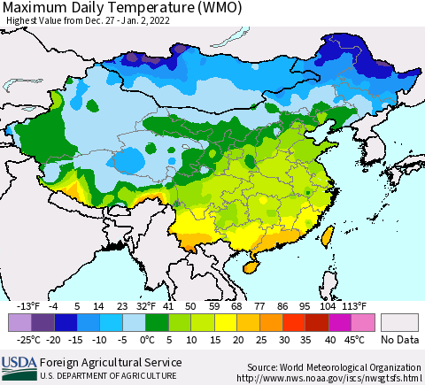 China, Mongolia and Taiwan Maximum Daily Temperature (WMO) Thematic Map For 12/27/2021 - 1/2/2022