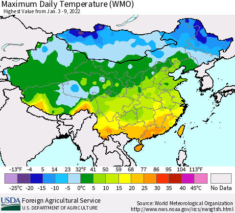 China, Mongolia and Taiwan Maximum Daily Temperature (WMO) Thematic Map For 1/3/2022 - 1/9/2022