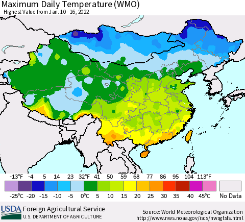 China, Mongolia and Taiwan Maximum Daily Temperature (WMO) Thematic Map For 1/10/2022 - 1/16/2022