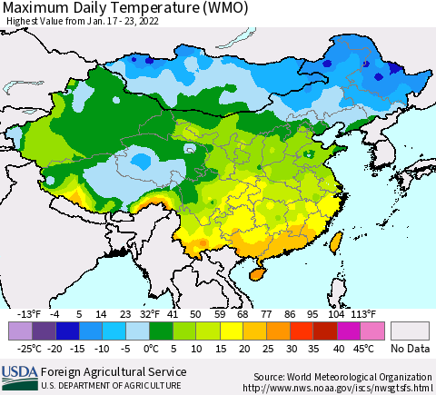 China, Mongolia and Taiwan Maximum Daily Temperature (WMO) Thematic Map For 1/17/2022 - 1/23/2022