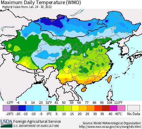 China, Mongolia and Taiwan Maximum Daily Temperature (WMO) Thematic Map For 1/24/2022 - 1/30/2022