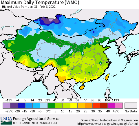 China, Mongolia and Taiwan Maximum Daily Temperature (WMO) Thematic Map For 1/31/2022 - 2/6/2022
