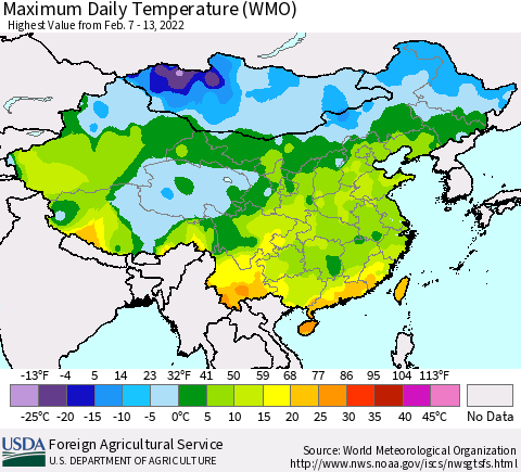 China, Mongolia and Taiwan Maximum Daily Temperature (WMO) Thematic Map For 2/7/2022 - 2/13/2022