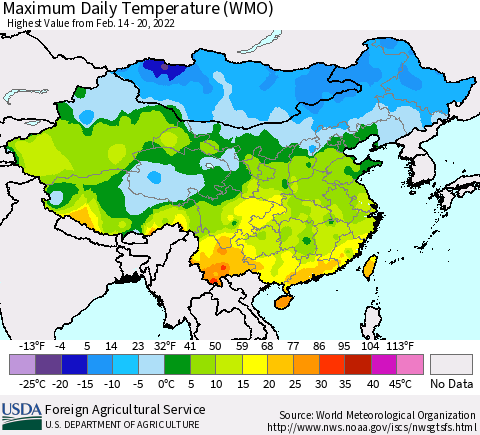 China, Mongolia and Taiwan Maximum Daily Temperature (WMO) Thematic Map For 2/14/2022 - 2/20/2022