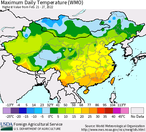 China, Mongolia and Taiwan Maximum Daily Temperature (WMO) Thematic Map For 2/21/2022 - 2/27/2022