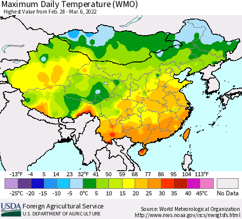 China, Mongolia and Taiwan Maximum Daily Temperature (WMO) Thematic Map For 2/28/2022 - 3/6/2022