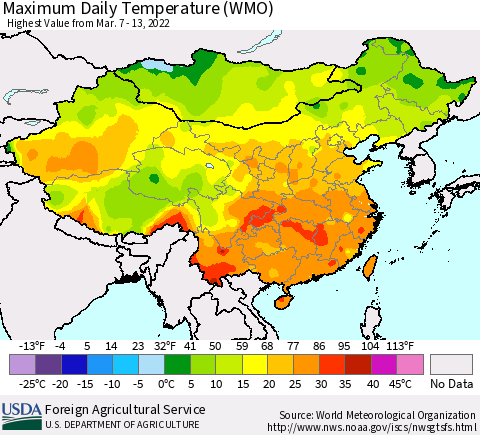 China, Mongolia and Taiwan Maximum Daily Temperature (WMO) Thematic Map For 3/7/2022 - 3/13/2022