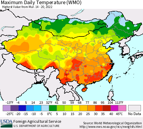 China, Mongolia and Taiwan Maximum Daily Temperature (WMO) Thematic Map For 3/14/2022 - 3/20/2022
