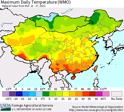China, Mongolia and Taiwan Maximum Daily Temperature (WMO) Thematic Map For 3/21/2022 - 3/27/2022