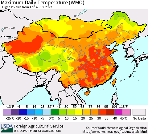 China, Mongolia and Taiwan Maximum Daily Temperature (WMO) Thematic Map For 4/4/2022 - 4/10/2022