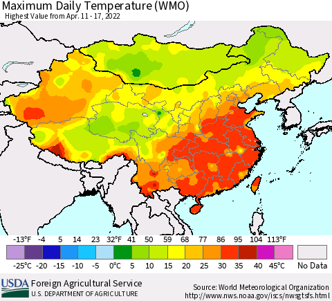 China, Mongolia and Taiwan Maximum Daily Temperature (WMO) Thematic Map For 4/11/2022 - 4/17/2022