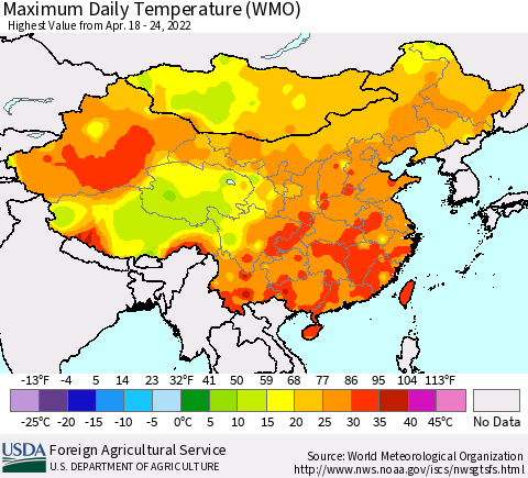 China, Mongolia and Taiwan Maximum Daily Temperature (WMO) Thematic Map For 4/18/2022 - 4/24/2022