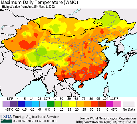 China, Mongolia and Taiwan Maximum Daily Temperature (WMO) Thematic Map For 4/25/2022 - 5/1/2022