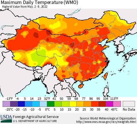 China, Mongolia and Taiwan Maximum Daily Temperature (WMO) Thematic Map For 5/2/2022 - 5/8/2022