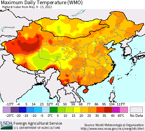 China, Mongolia and Taiwan Maximum Daily Temperature (WMO) Thematic Map For 5/9/2022 - 5/15/2022
