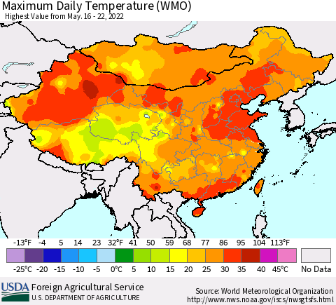 China, Mongolia and Taiwan Maximum Daily Temperature (WMO) Thematic Map For 5/16/2022 - 5/22/2022