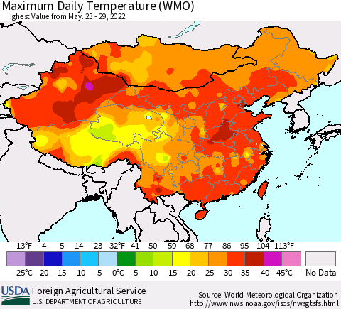 China, Mongolia and Taiwan Maximum Daily Temperature (WMO) Thematic Map For 5/23/2022 - 5/29/2022