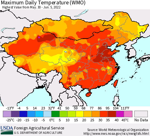 China, Mongolia and Taiwan Maximum Daily Temperature (WMO) Thematic Map For 5/30/2022 - 6/5/2022