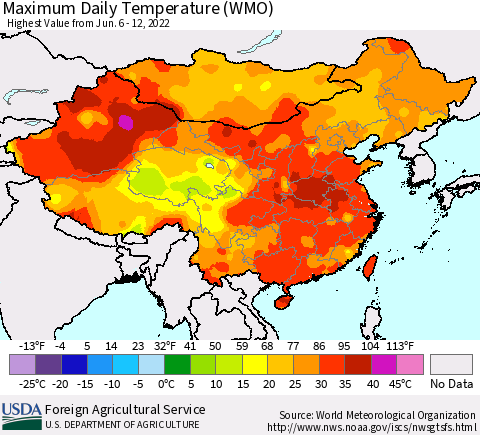 China, Mongolia and Taiwan Maximum Daily Temperature (WMO) Thematic Map For 6/6/2022 - 6/12/2022