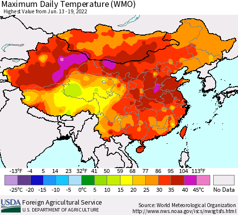 China, Mongolia and Taiwan Maximum Daily Temperature (WMO) Thematic Map For 6/13/2022 - 6/19/2022