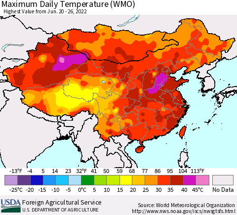 China, Mongolia and Taiwan Maximum Daily Temperature (WMO) Thematic Map For 6/20/2022 - 6/26/2022
