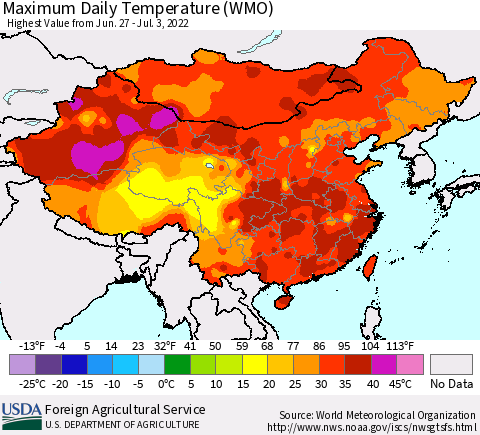 China, Mongolia and Taiwan Maximum Daily Temperature (WMO) Thematic Map For 6/27/2022 - 7/3/2022